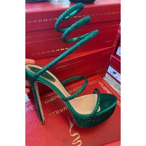 RENE CAOVILLA GREEN SATIN/EMERALD STRASS SANDALS